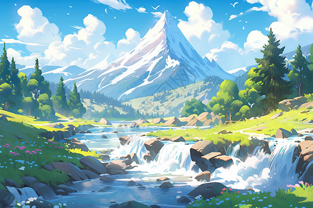 雪山下的河流瀑布流水治愈漫画背景图片