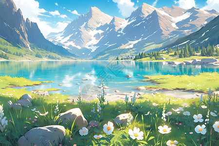 草原高原壮观的雪山湖泊唯美插画夏季高清图片素材