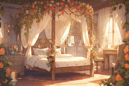 宽敞的卧室复古华丽床背景图片