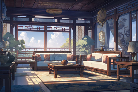古典中式家具中式装饰的客厅中国风插画