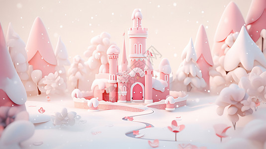 雪中梦幻粉色卡通城堡背景图片