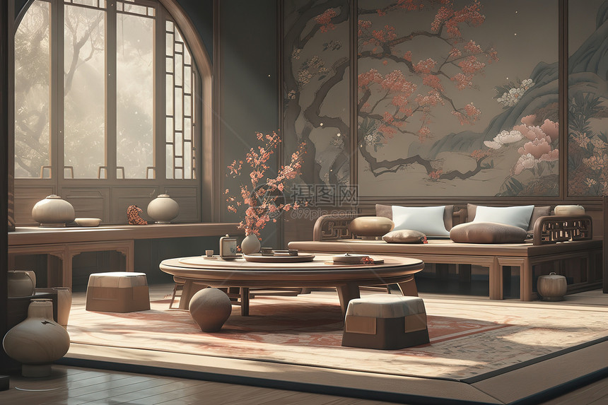 游戏中的中国风格的装饰新中式茶桌