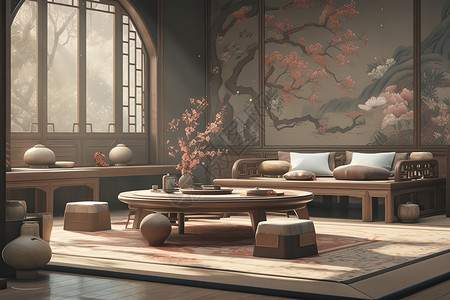 中国古典窗户游戏中的中国风格的装饰新中式茶桌插画