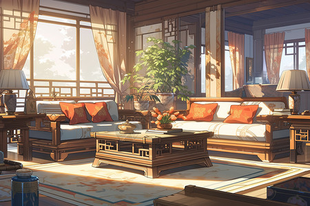 新中式的客厅室内装饰游戏场景背景图片