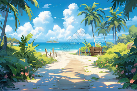 夏日热带海边风景治愈卡通小清新插画图片