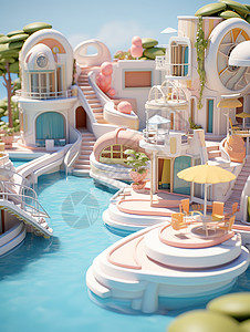 夏日泳池酒店度假等距3D建筑背景图片