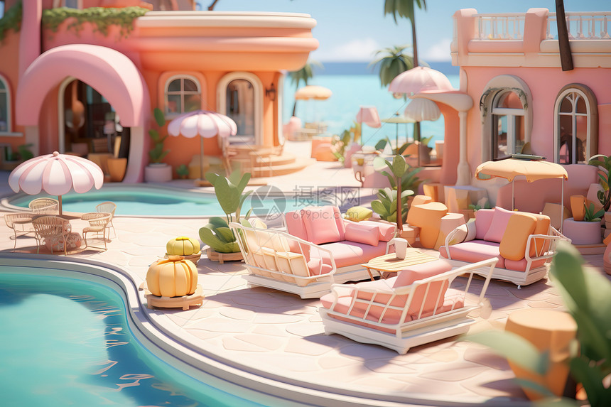 可爱等距建筑夏日泳池酒店度假3D立体图片