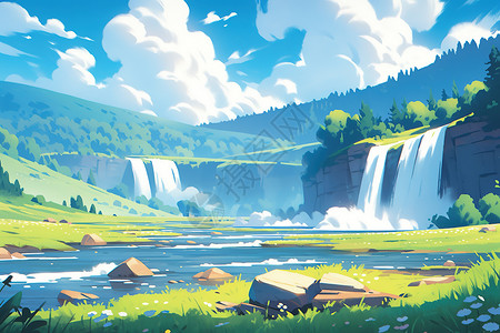 雅鲁藏布大峡谷风景夏季大峡谷的瀑布漫画插画