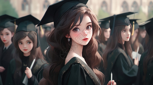 漂亮学士帽穿学士服漂亮的长发卡通女学生插画