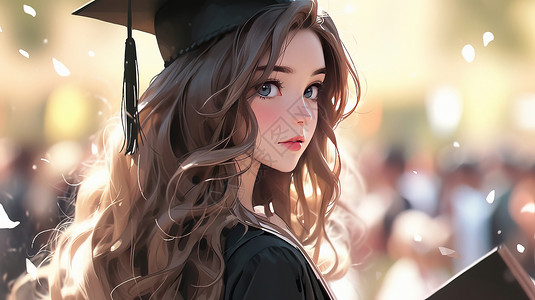 漂亮学士帽参加毕业典礼穿学士服的漂亮卡通女孩插画