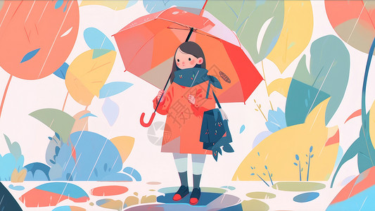 下雨中拿着红色雨伞的可爱卡通女孩背景图片