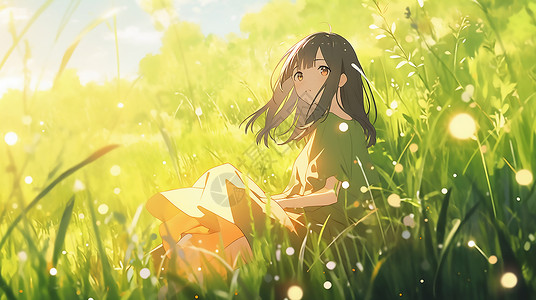 坐在草丛里的女孩图片