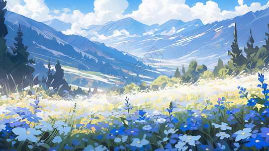 白色雪山风景卡通风景山脚下美丽的小河边开满白色野花插画