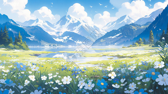 高高的雪山与美丽卡通小野花图片