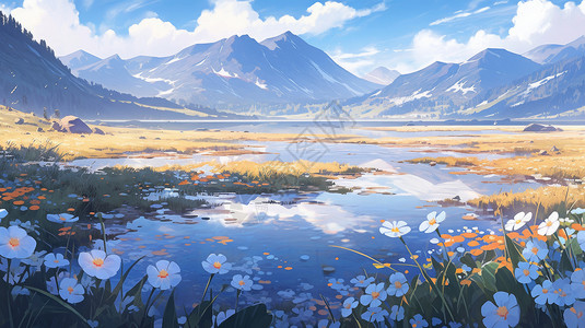 山野花野外高山上美丽的草地与漂亮野花卡通风景全景插画