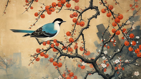 水墨画古风结满小柿子的树枝上站着一只蓝色羽毛小鸟高清图片