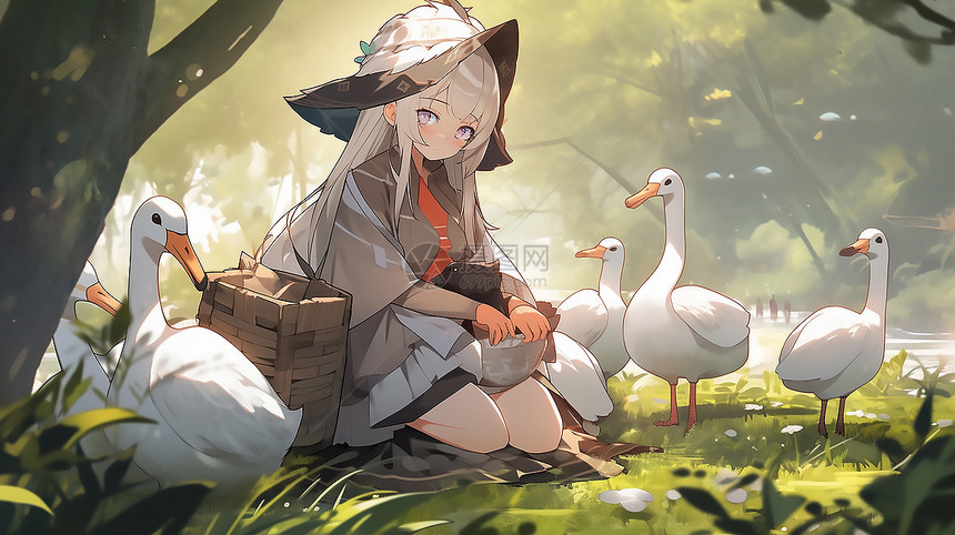 森林里放鹅的女孩插画图片