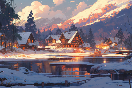 冬季雪山下的小村庄漫画图片