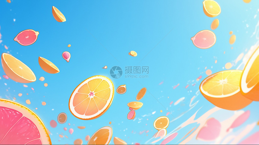 梦幻夏日洒满天空的橘子图片