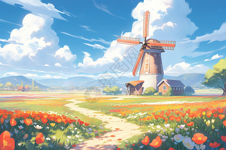郁金香花海的荷兰大风车漫画高清图片