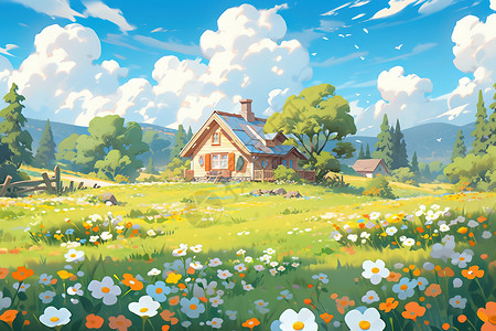 开满花朵的小院子小清新漫画背景图片