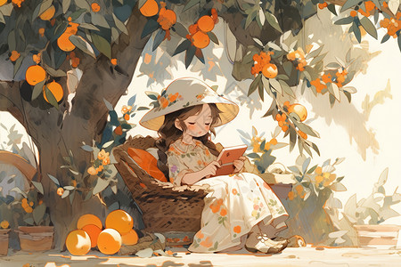 拿着书本的女孩拿着书本在橙子树下看书的女孩插画插画