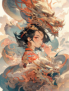 神秘中国龙和美女国潮插画背景图片