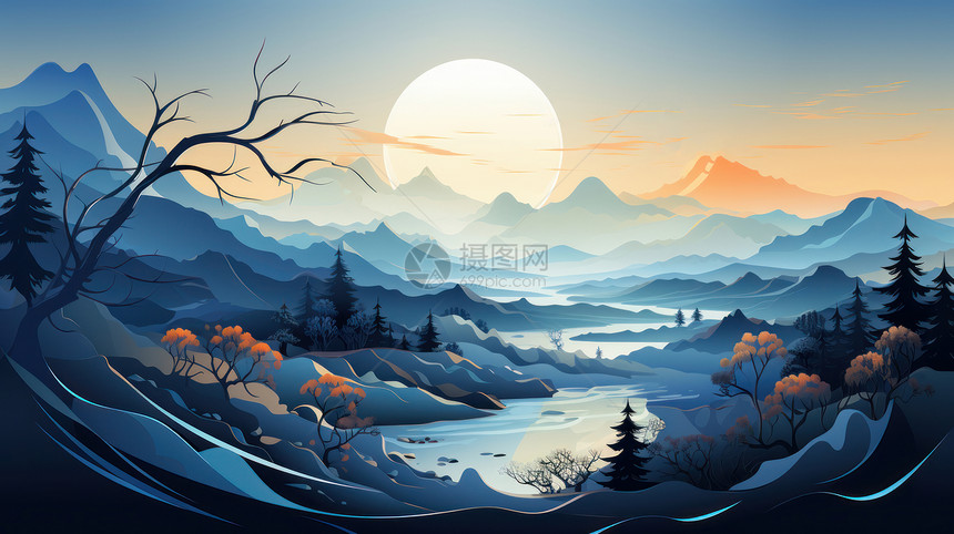 清晨的太阳照耀着美丽的山川河流卡通风景图片