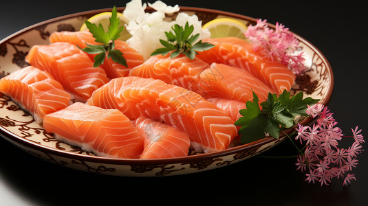 盘子中新鲜的三文鱼日本料理图片