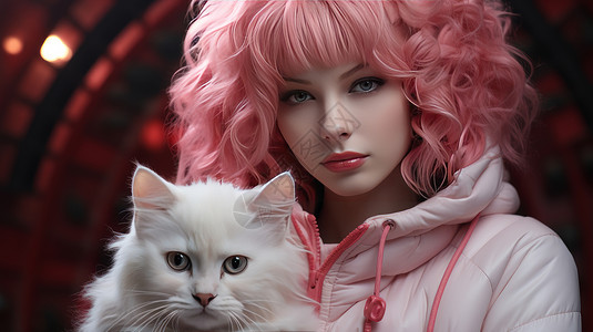 粉色卷发女孩抱着一只白色猫图片