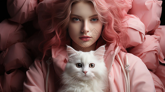 抱着一只白色猫的粉色头发女孩背景图片