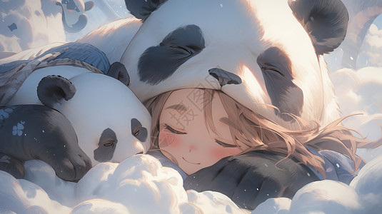 戴着熊猫头套抱着熊猫睡觉的卡通小女孩图片