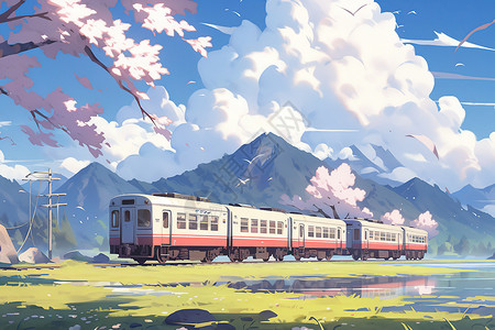 春天行驶在路上的列车卡通插画图片素材