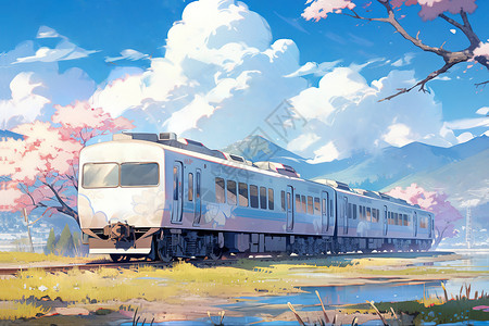春天行驶在路上的列车治愈插画背景图片