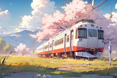 二次元动漫樱花春天行驶在路上的列车小清新插画插画