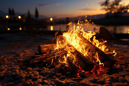 沙漠篝火晚会海边日落中的篝火插画