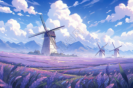 紫色浪漫薰衣草田的大风车插画