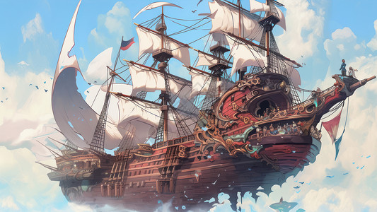 复古帆船复古超大帆船在海上行驶插画