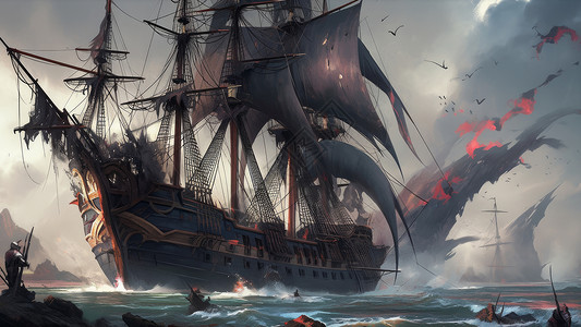 复古卡通帆船在大海上乘风破浪背景图片