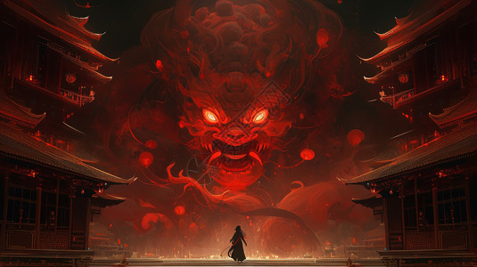 红色眼睛巨大卡通怪兽与一个人战斗背景图片