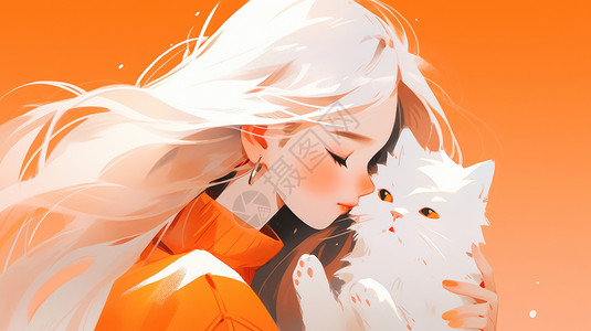 穿橙色衣服白色长发卡通女孩抱着猫高清图片