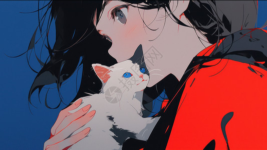 穿红色卫衣的卡通女孩抱着一只可爱的小花猫背景图片