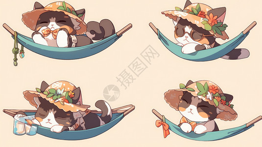 休闲动作在吊床上各种可爱动作的卡通猫插画