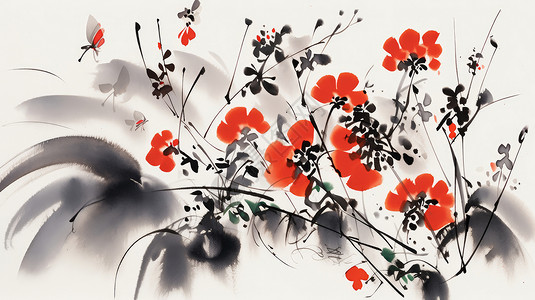 水墨画红色花朵与植物艺术高清图片素材