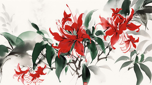 水墨画漂亮唯美开红色花朵植物图片
