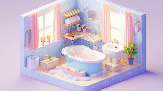 有浴缸满地泡沫的立体卡通浴室背景图片