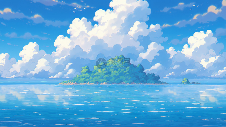 蓝蓝的大海上一座被植物覆盖的卡通小岛图片