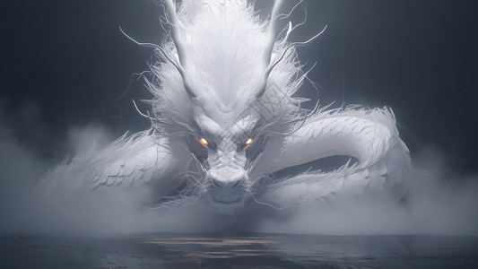 白色神话卡通巨龙盘在水面云雾中背景图片