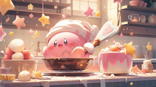 粉色Q萌可爱的卡通形象在厨房开心做饭背景图片