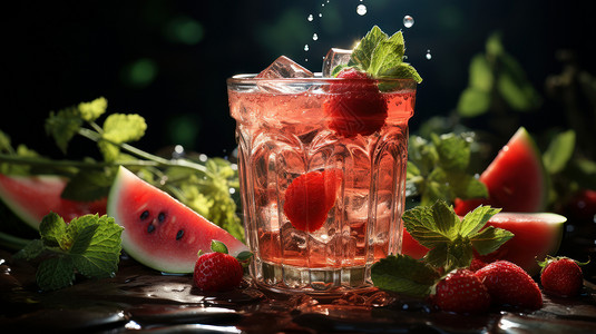 草莓汁展板玻璃杯中清凉解暑的冰块西瓜草莓汁插画